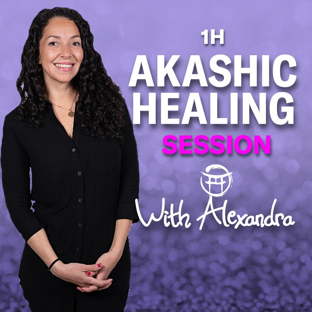 Woman standing against a purple background with text about an Akashic Healing session with Alexandra.