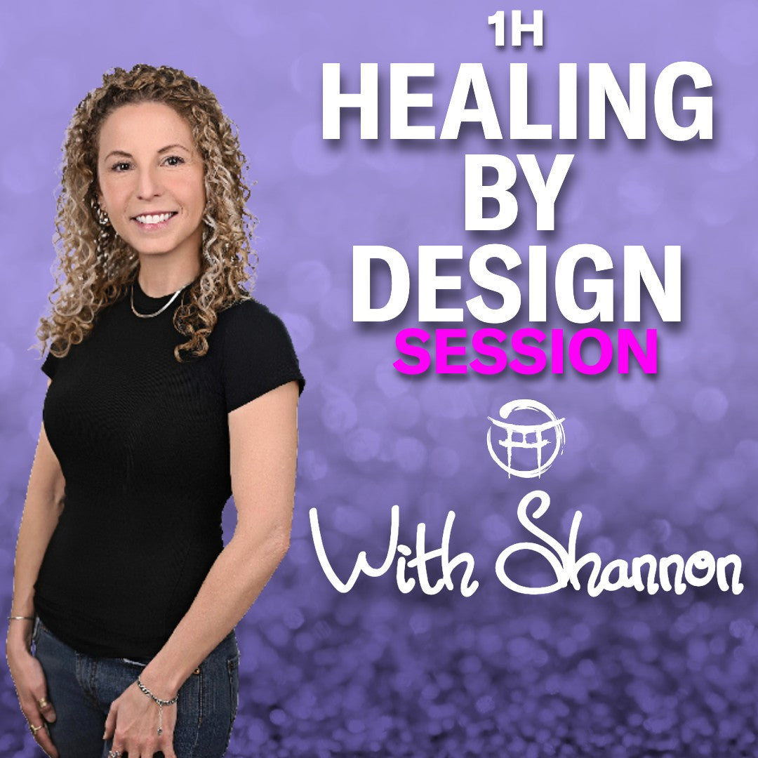 Woman standing in front of a purple background with text about a 'Healing by Design Session' with Shannon.